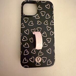 Black Heart Pattern iPhone 14 Case with Pink Loop